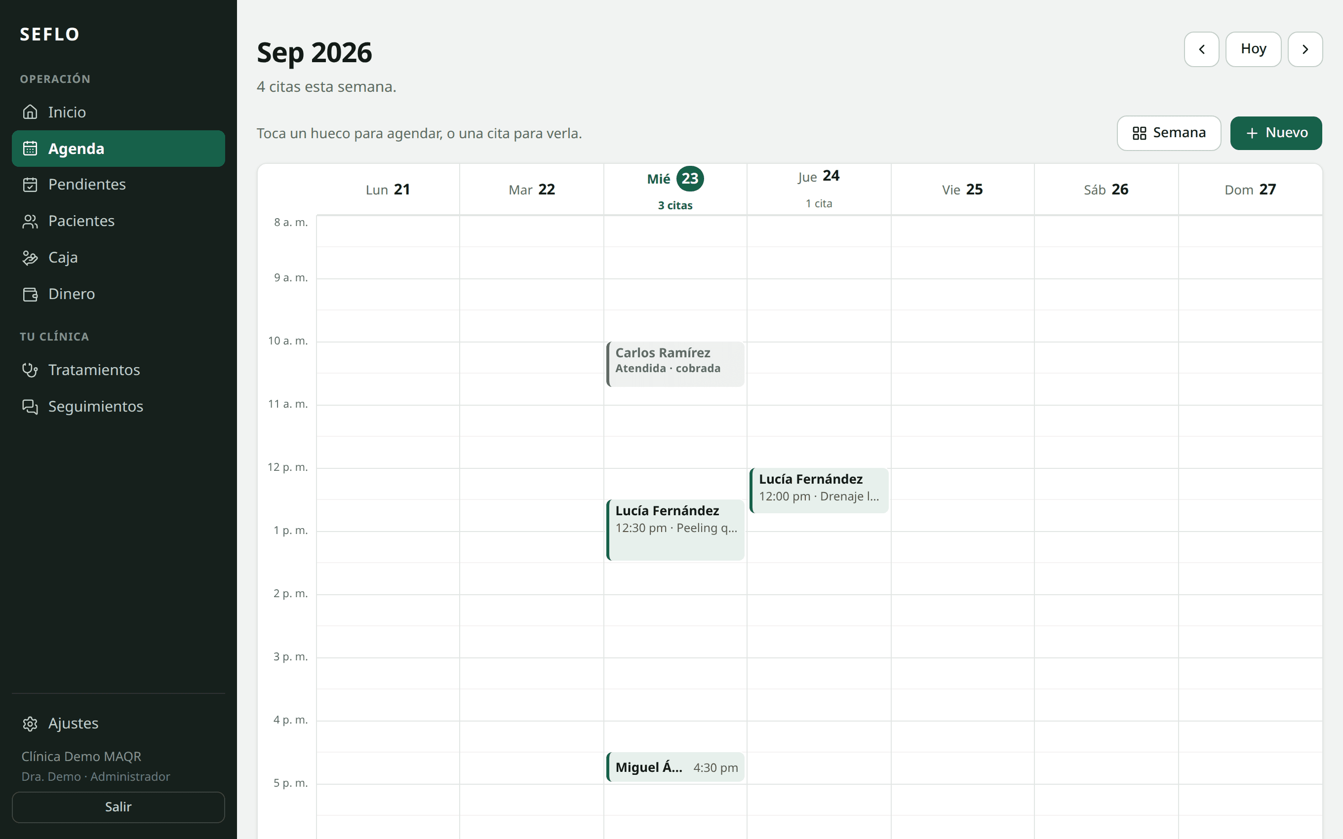 La agenda de la semana, con las citas de cada día.