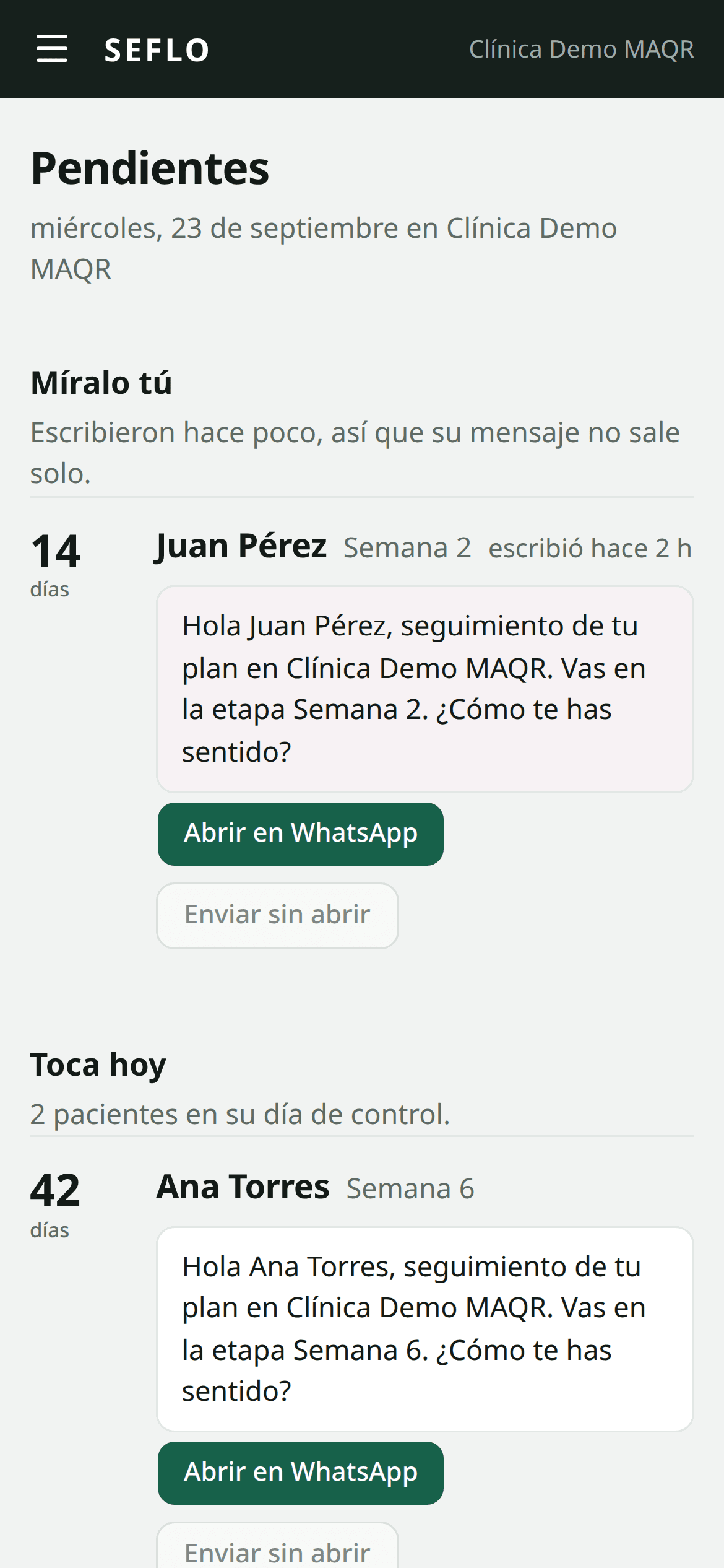 Pendientes en el teléfono: el recordatorio de mañana con su botón de mandar por WhatsApp.